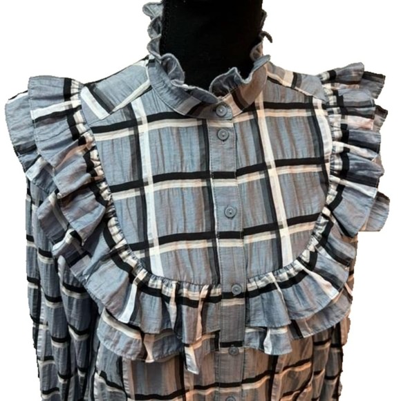 H&M Women's Blue‎ White 
Checkered Plaid Crinkle
Frill Blouse Size 4 NWOT - Picture 2 of 12
